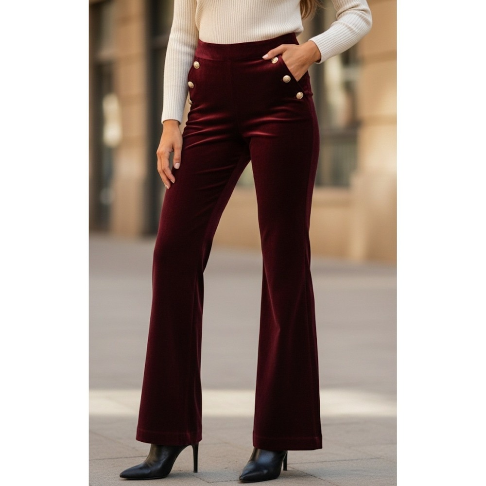 Royalcore Burgundy‎ Velvet Flares Wide Leg Sailor Pants Gold Buttons Size 2 - Picture 1 of 7